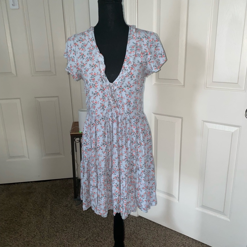 AE Studio Light Blue Mini Dress with Pink Floral Print